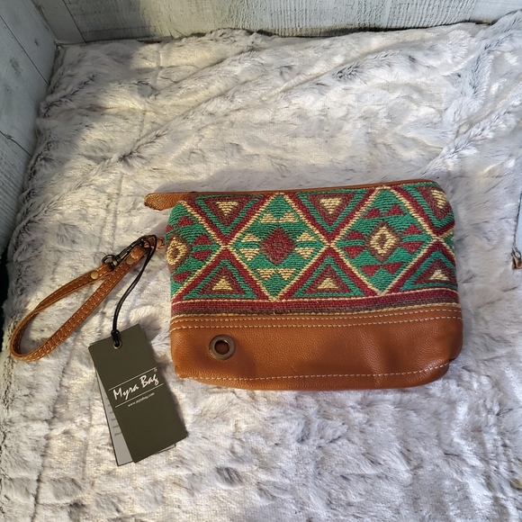 Myra Bag Myrtle Spots Pouch Canvas and Leather Top Zip Wristlet - Picture 2 of 7